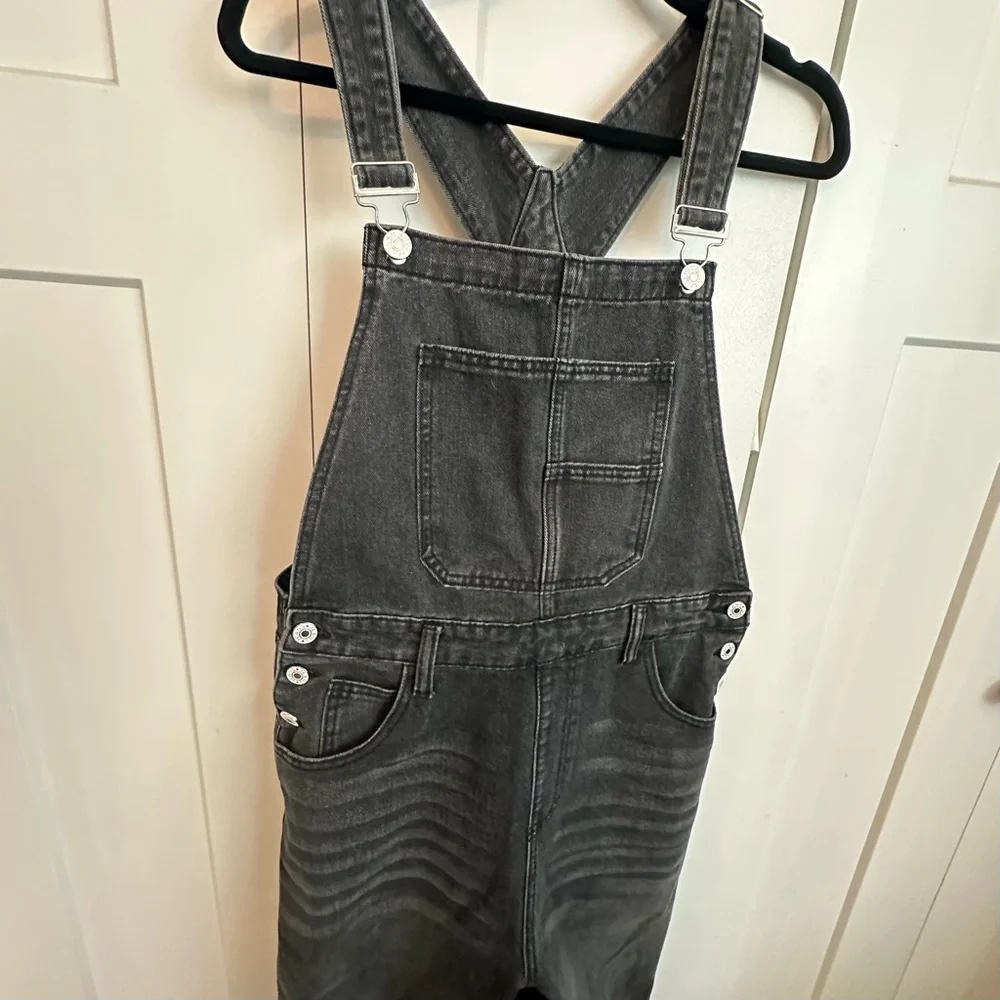 Washed Black Denim Overalls with Front Bib Pocket - Picture 2 of 7